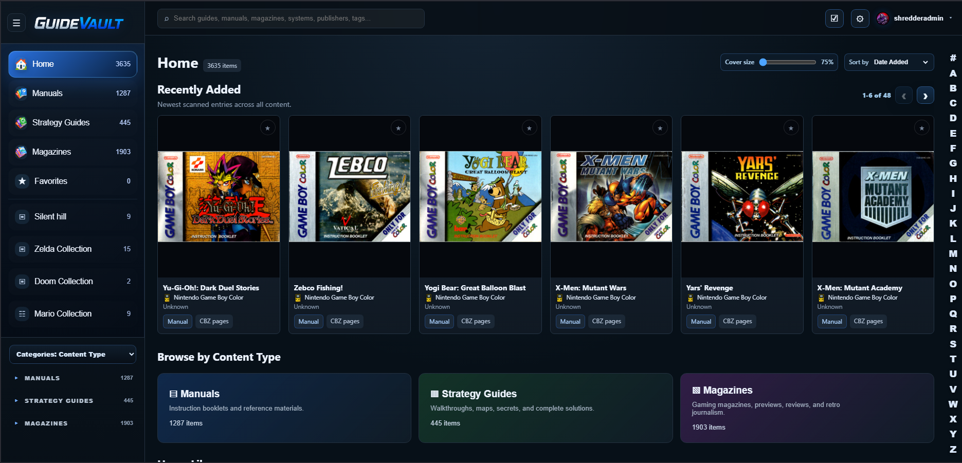 GuideVault home library dashboard with recently added entries and content type shelves