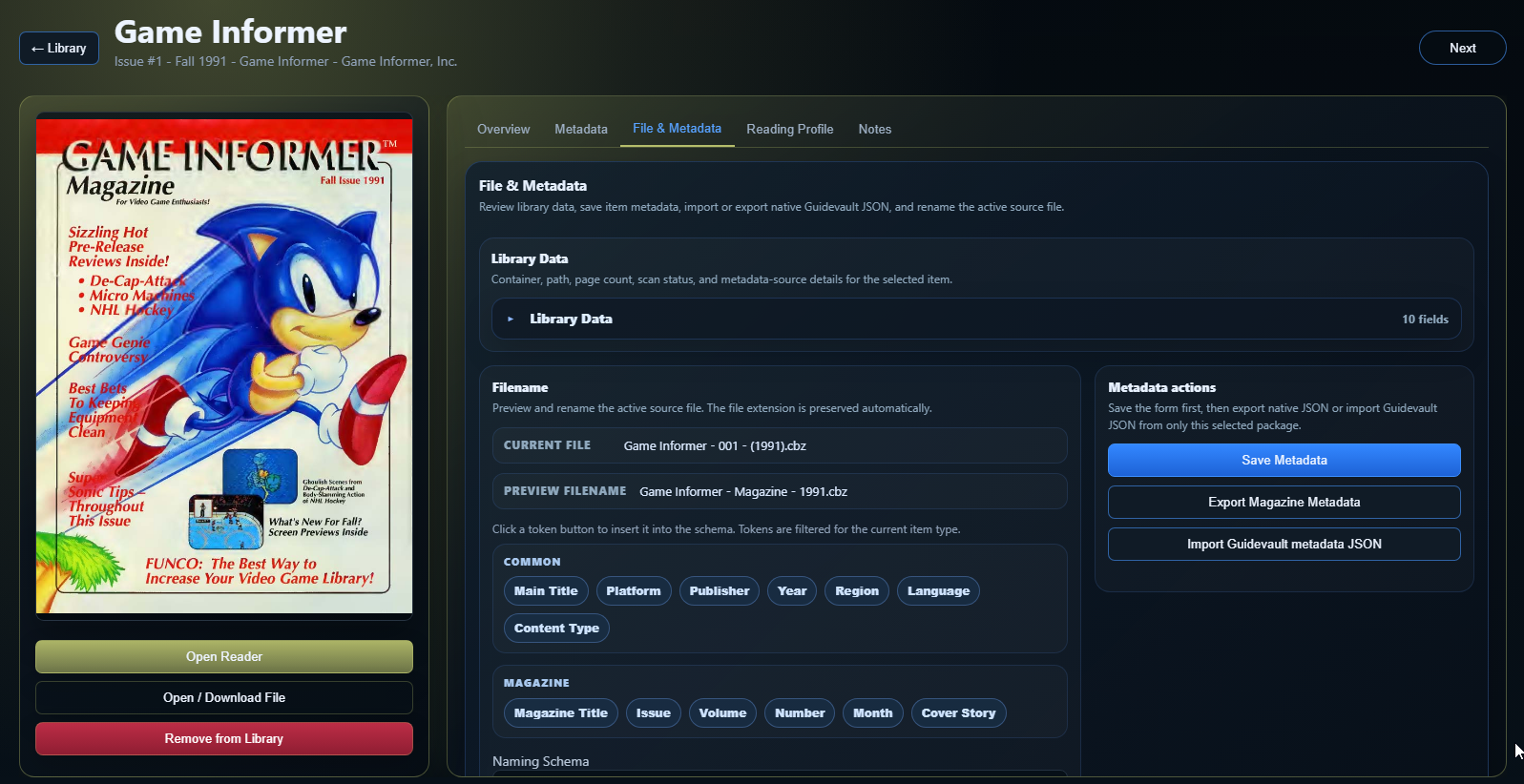 GuideVault item details page showing file and metadata tools