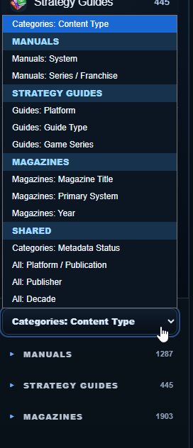 GuideVault category selector showing manuals, strategy guides, magazines, and shared browsing categories